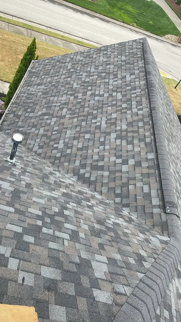 Aerial view of designer architectural shingles on a completed Knoxville roof